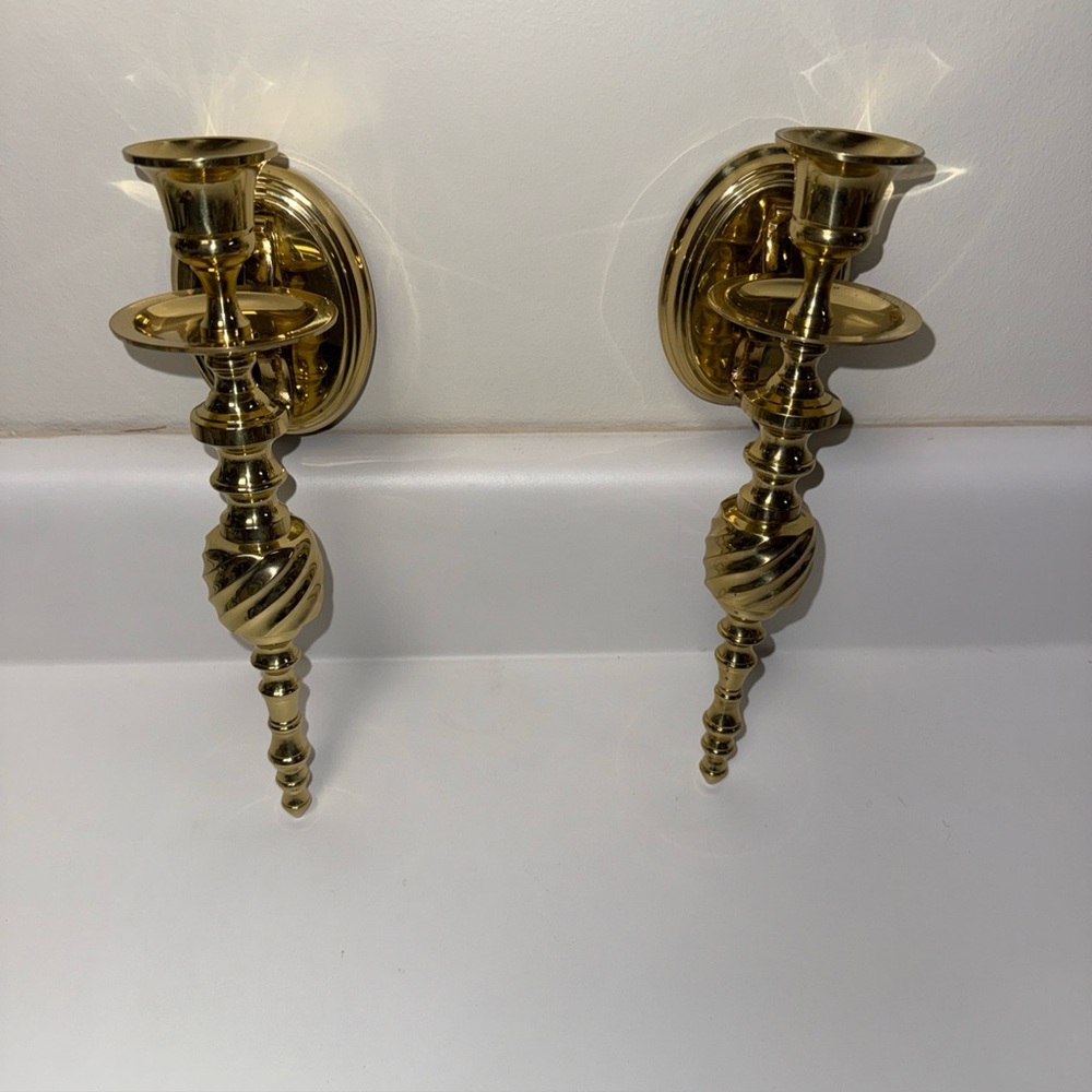 Home Interiors Polished Brass Wall Candle Sconces - Gold